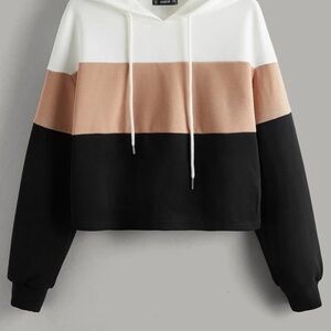 SHEIN Colorblock Crop Hoodie - Black, Beige, White